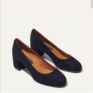 MARGAUX Size 38.5 / 8.5 The Heel Black Suede Stacked Heel Pumps Solid Black